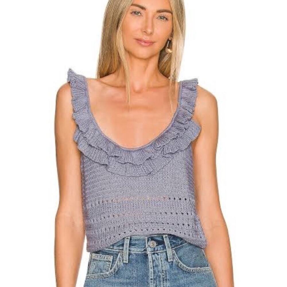 7 For All Mankind Slim Illusion Crochet Front Tank in Denim Blue.